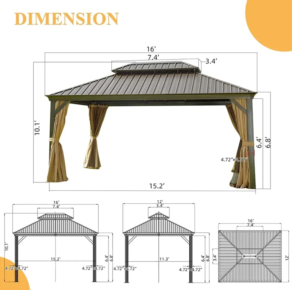 Aluminum grill gazebo with double canopy and curtains netting