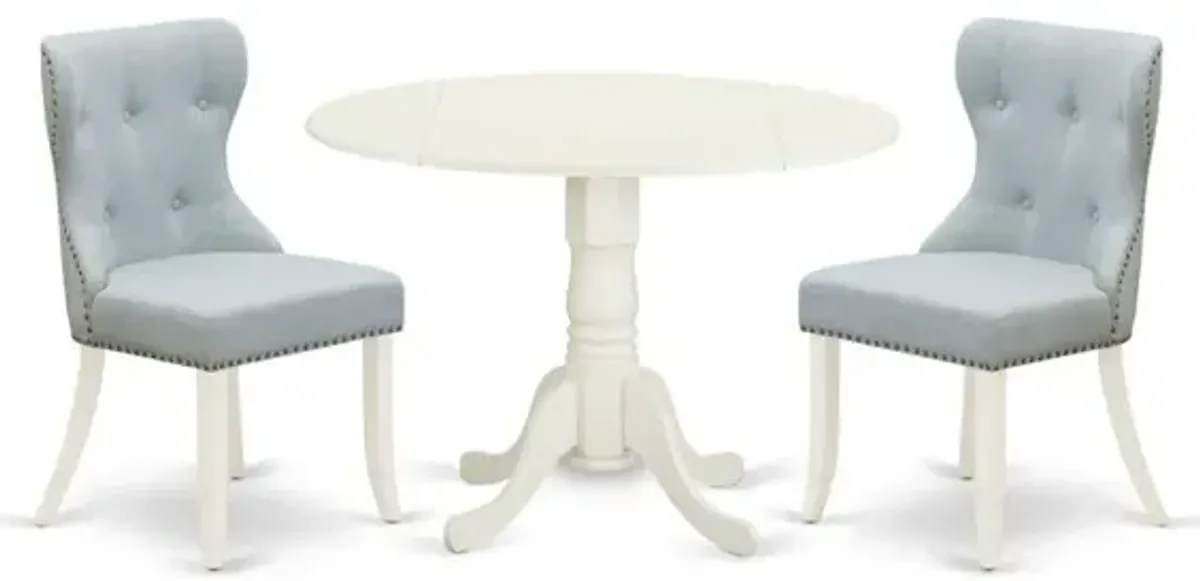 East-West Furniture DLSI3-WHI-15 - A dining table set of two fantastic dining room chairs with Linen Fabric Baby Blue color and an attractive wood table with Linen White color