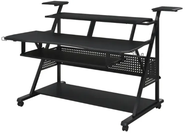 Gia 67 Inch Music Desk Studio Workstation, Keyboard Tray, Shelves, Black-Benzara