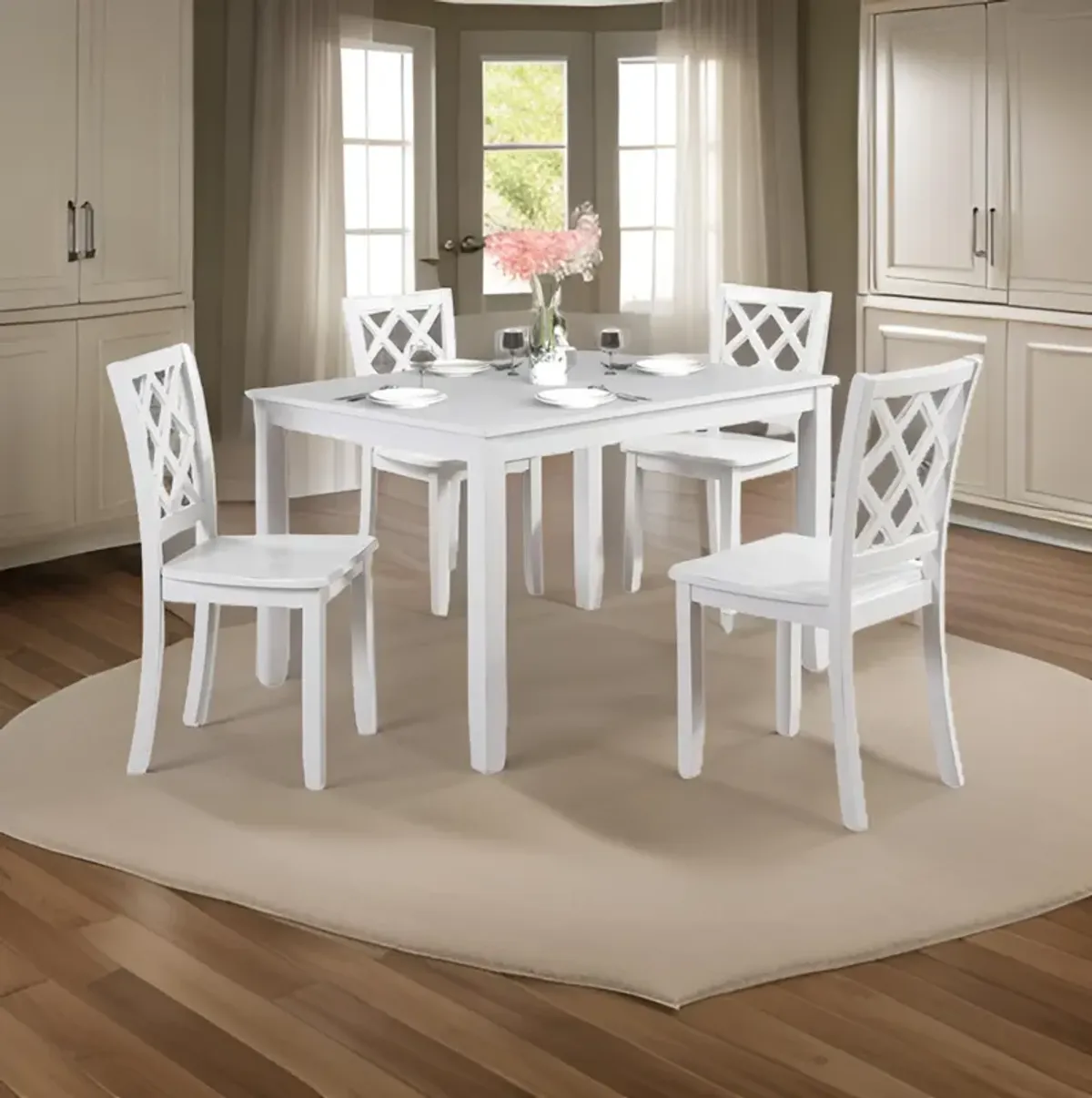 Ziko 5 Piece Dining Table Set, 4 Crossed Back Chairs, White Solid Wood