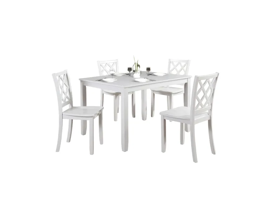 Ziko 5 Piece Dining Table Set, 4 Crossed Back Chairs, White Solid Wood