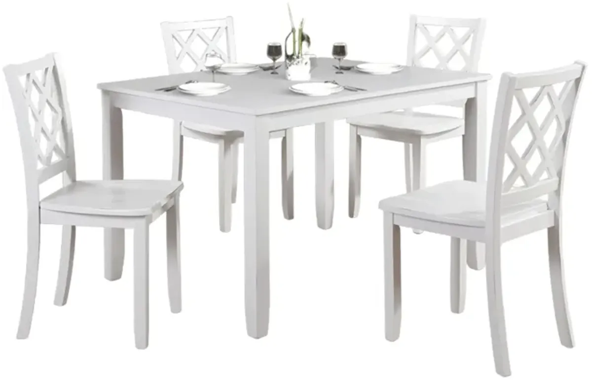 Ziko 5 Piece Dining Table Set, 4 Crossed Back Chairs, White Solid Wood