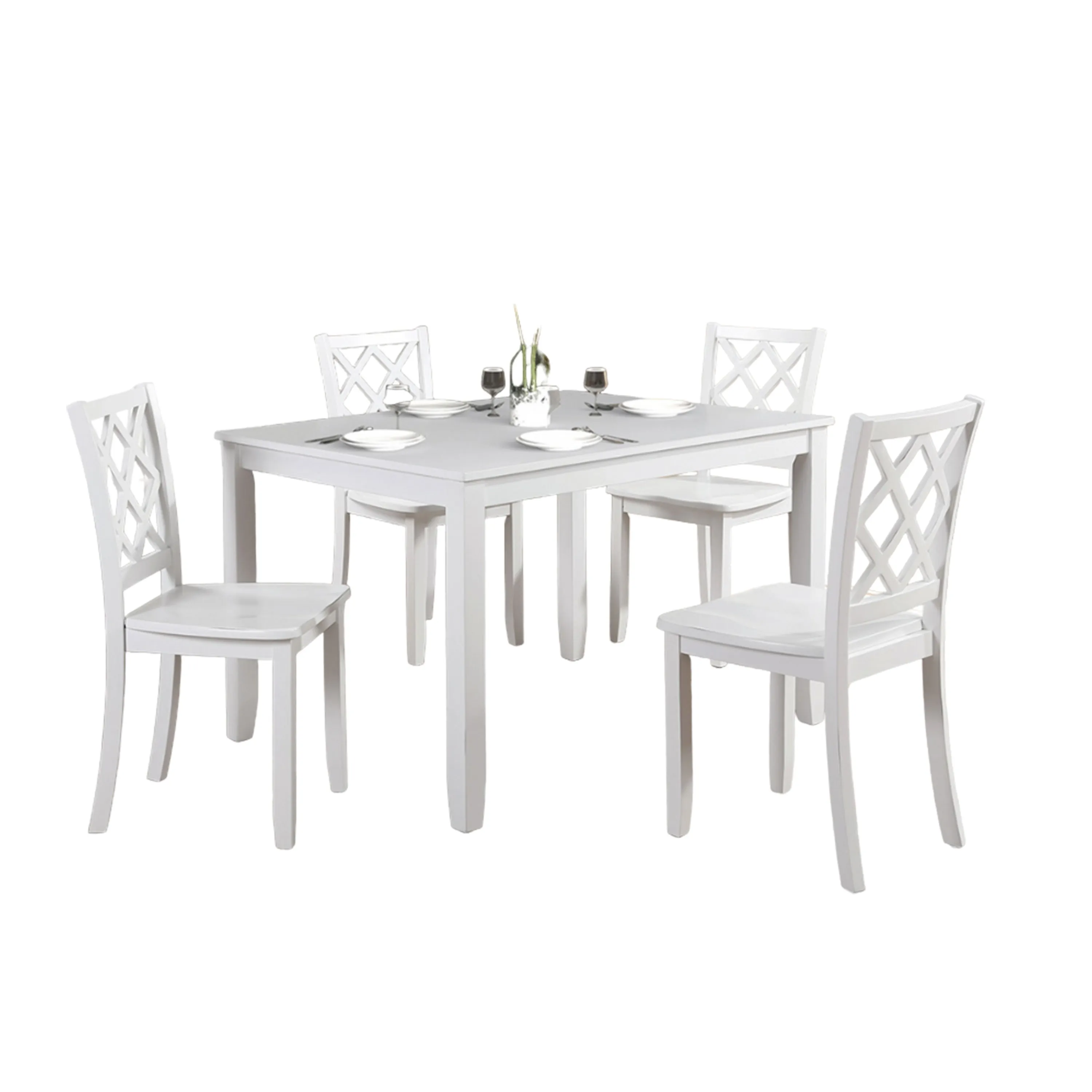 Ziko 5 Piece Dining Table Set, 4 Crossed Back Chairs, White Solid Wood