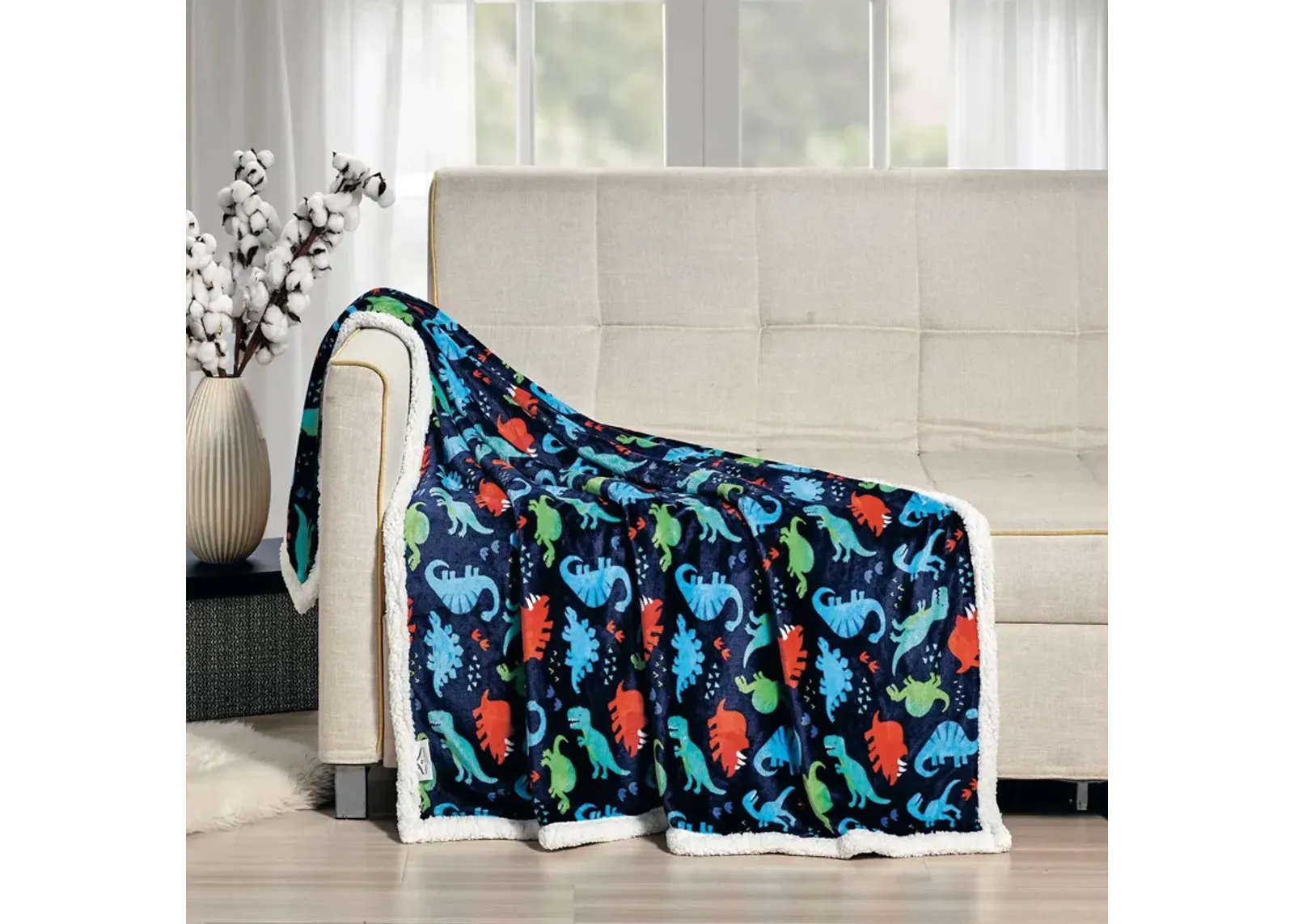 Navy Dino Faux Shearling Micro Plush All Season Throw 50" x 60" Multicolor by Plazatex