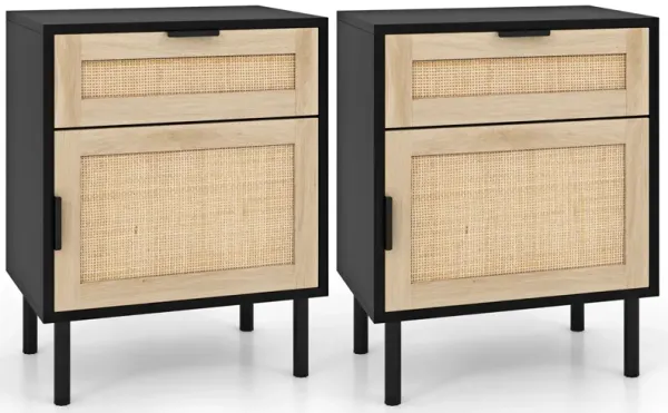 Rustic Rattan Nightstand Pair with Drawer and Cabinet – Set of 2
