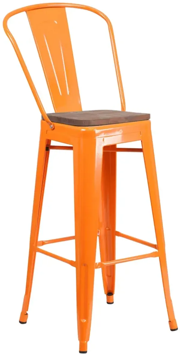 Flash Furniture Lily 30" High Orange Metal Barstool with Back and Wood Seat