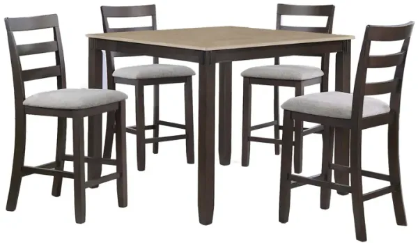 Cameron 5 Piece Set Counter Height Dining Table, Chairs, Brown, Gray Fabric - Benzara