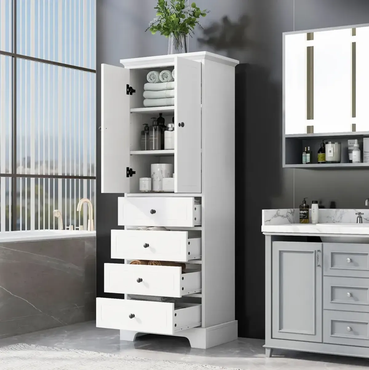 Merax Modern Bathroom Storage Cabinet with 2 Doors and 4 Drawers