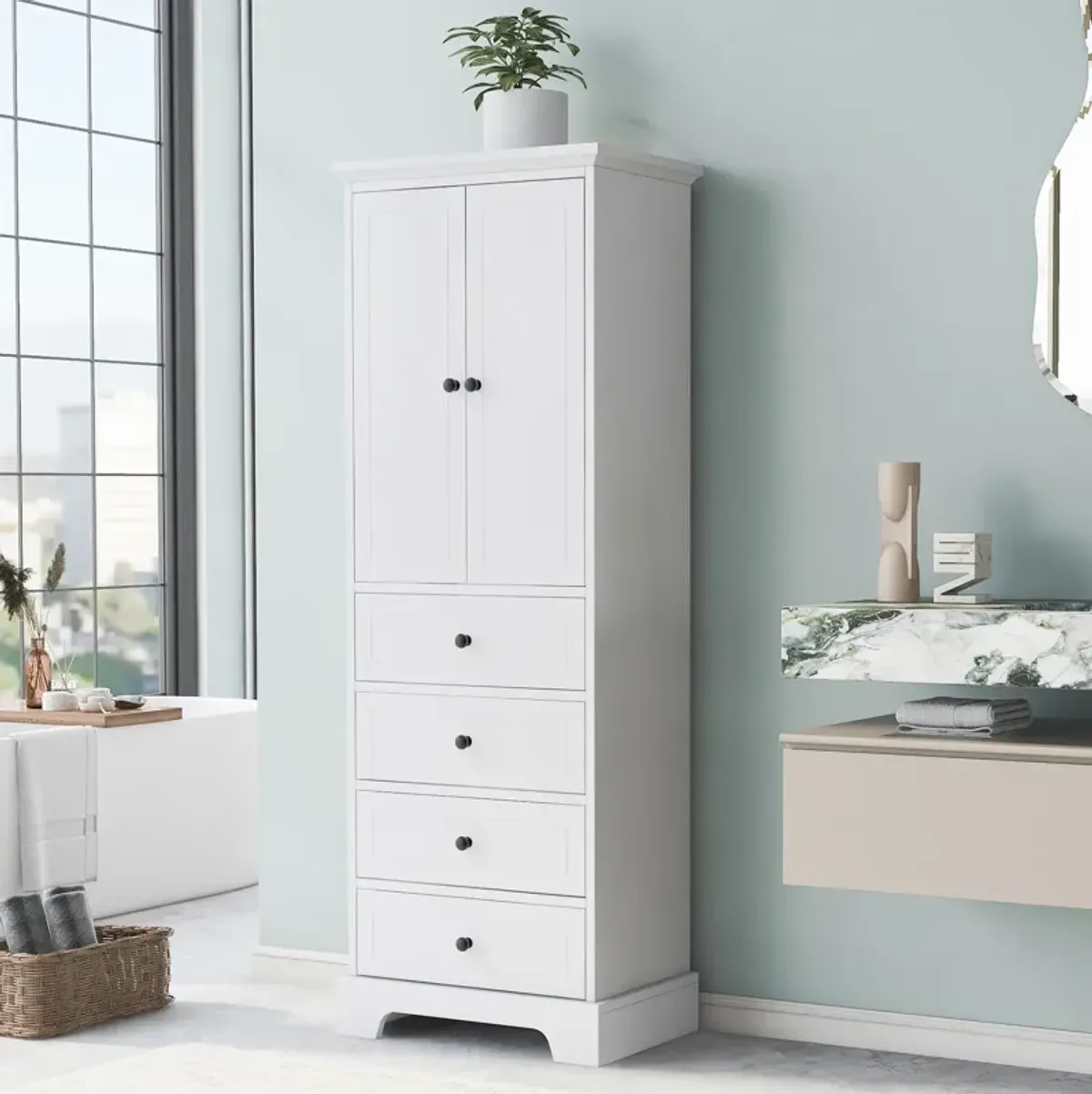 Merax Modern Bathroom Storage Cabinet with 2 Doors and 4 Drawers