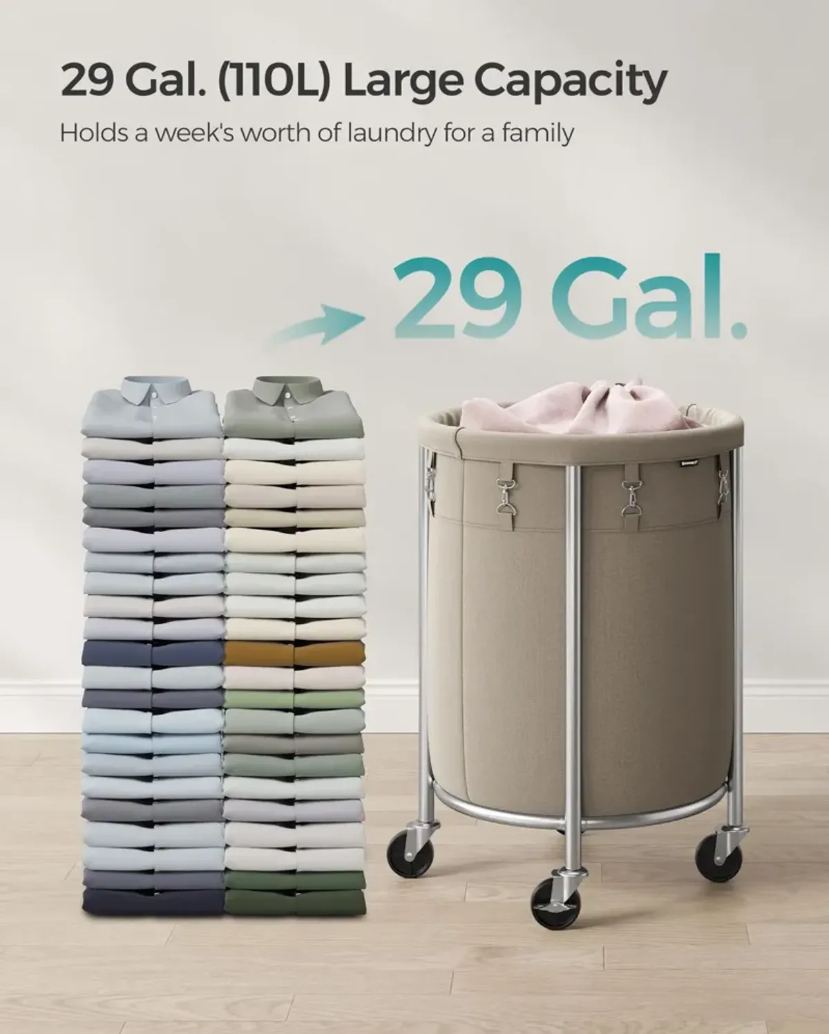 Laundry Basket with Wheels and Removable Bag, Steel Frame, 4 Casters and 2 Brakes