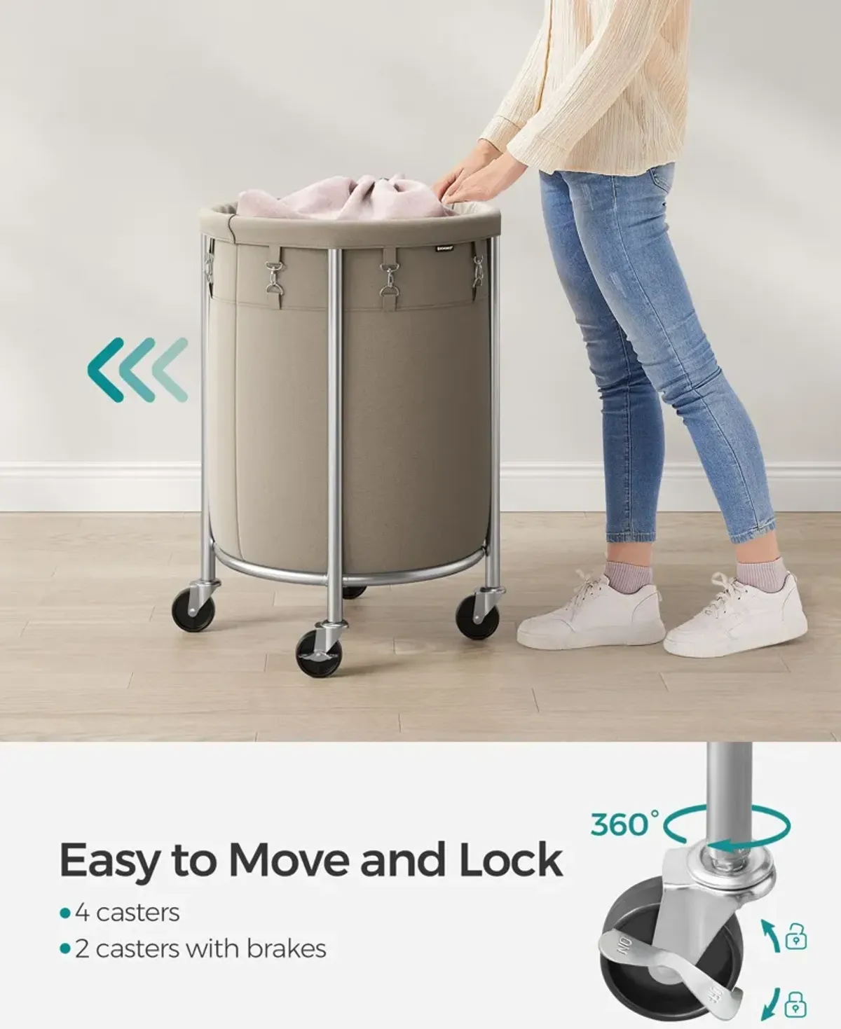 Laundry Basket with Wheels and Removable Bag, Steel Frame, 4 Casters and 2 Brakes