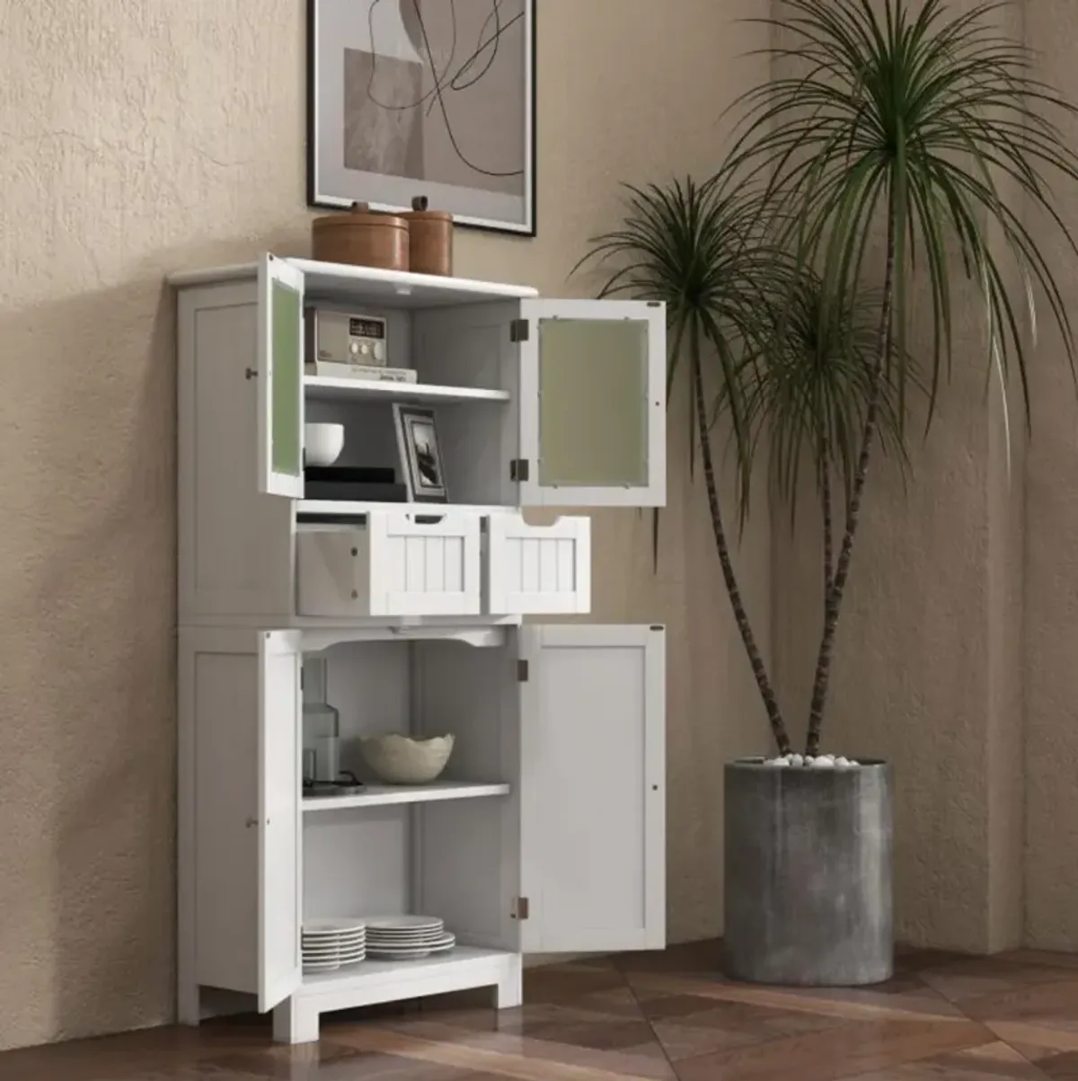 Hivvago 6-Tier Freestanding Bathroom Cabinet with 2 Open Compartments and Adjustable Shelves