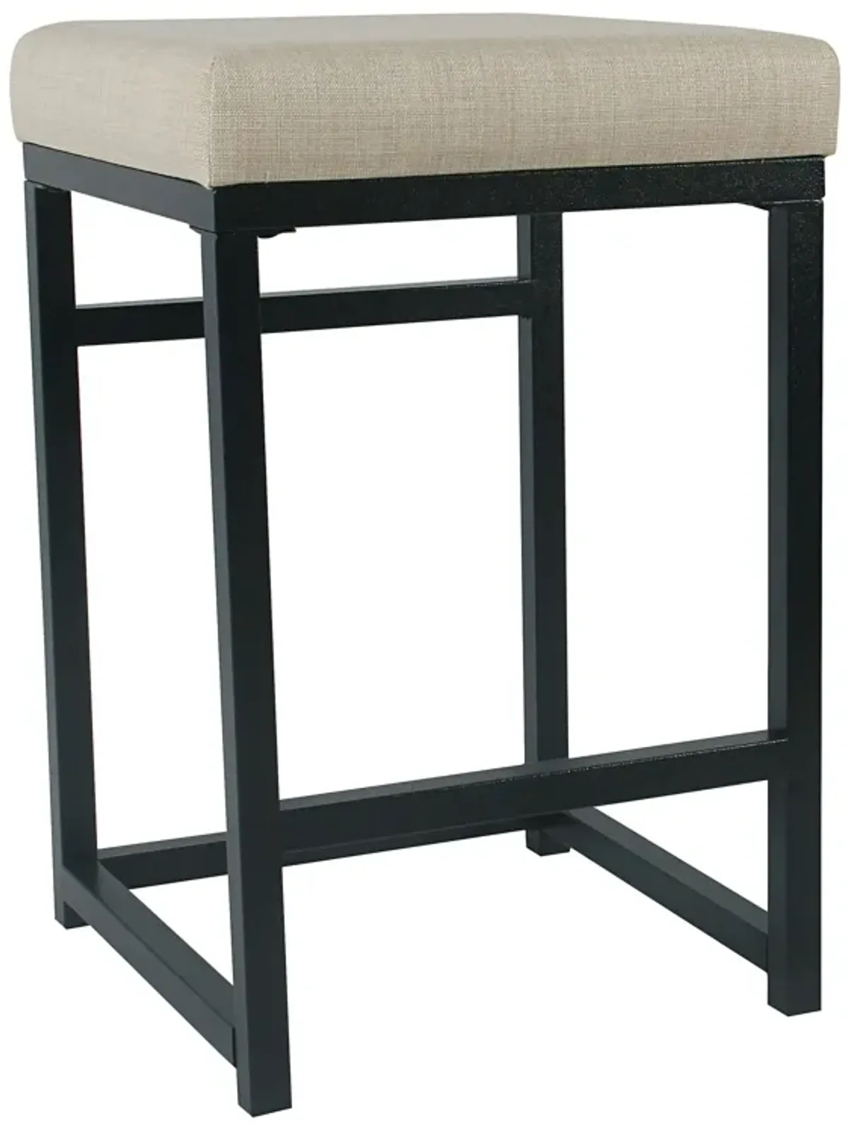 Open Back Metal Counter Stool with Fabric Upholstered Padded Seat, Beige and Black - Benzara