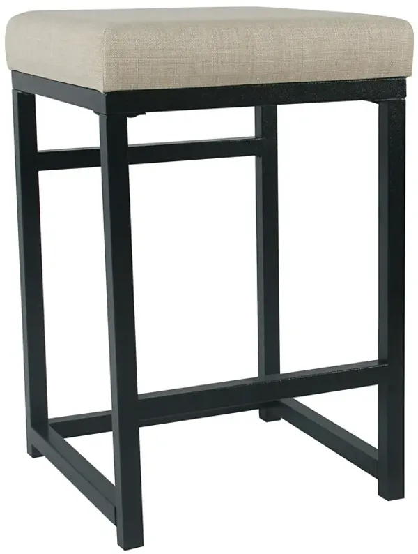 Open Back Metal Counter Stool with Fabric Upholstered Padded Seat, Beige and Black - Benzara