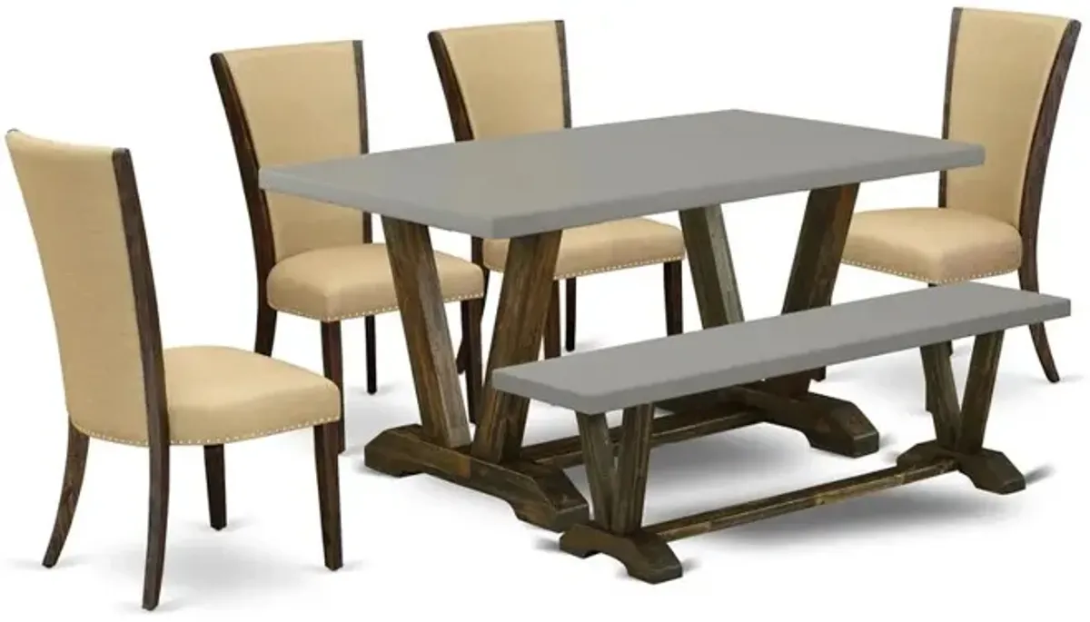 East West Furniture V796VE703-6 6 Piece dining table set - 4 Brown Linen Fabric Mid Century Chair with Nailheads and Cement Modern Dining Table - 1 Dining Bench - Distressed Jacobean Finish