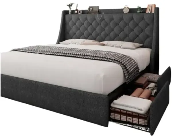 King Size Bed Frame With 4 Storage Drawers, Upholstered Storage Bed With Charging Station, Tufted Wingback Headboard, No Box Spring Needed, Dark Grey