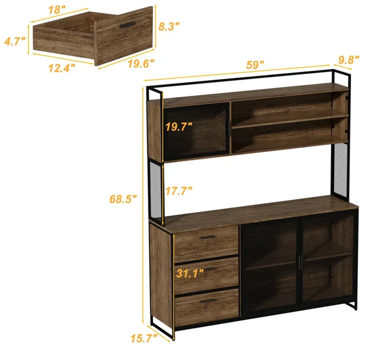 59 in. W Brown Large Kitchen Pantry Organizers Cabinet Buffet with 3-Drawers, 6 Shelves and Metal Mesh Doors