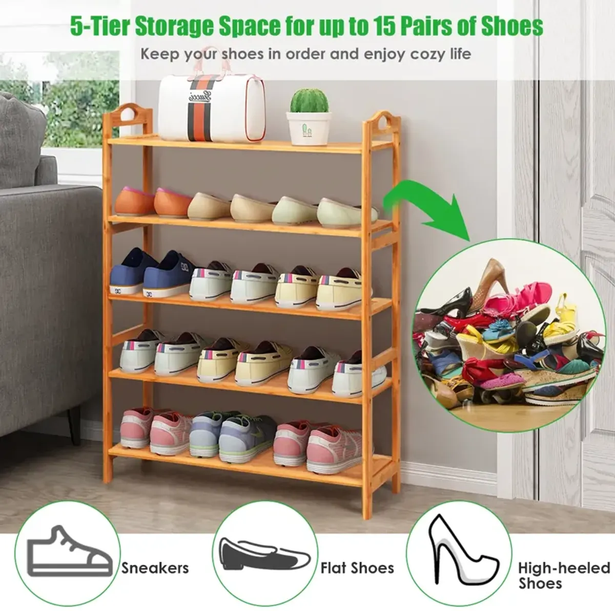 5-Tier Bamboo FreeStanding Shoe Rack-Natural