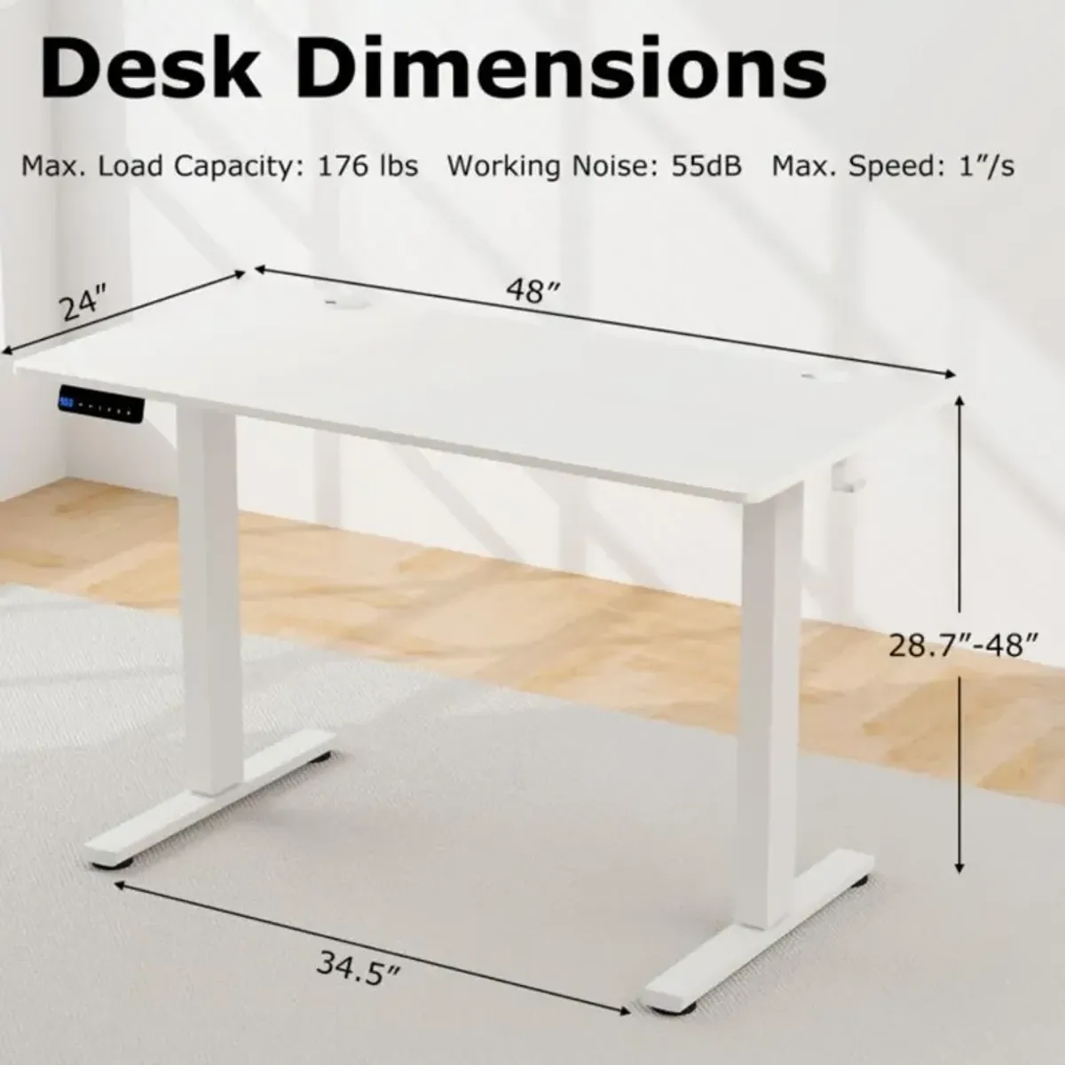 Hivvago Electric Standing Desk with 3 Memory Height Settings and 2 Hanging Hooks & Cable Management