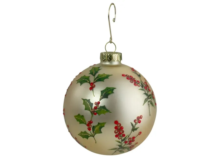 Gold Holly Berry Glass Ball Christmas Ornament 4" (100mm)