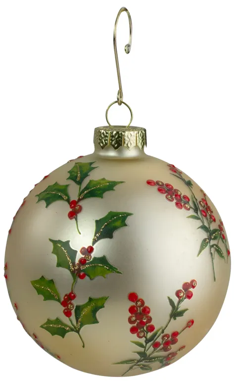 Gold Holly Berry Glass Ball Christmas Ornament 4" (100mm)