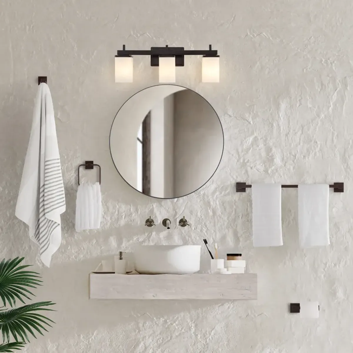 Caia 22.38" 3-Light Modern Contemporary Vanity Light with Frosted Glass Shades and Bathroom Hardware Accessory 5-Piece Set