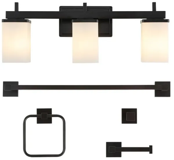 Caia 22.38" 3-Light Modern Contemporary Vanity Light with Frosted Glass Shades and Bathroom Hardware Accessory 5-Piece Set
