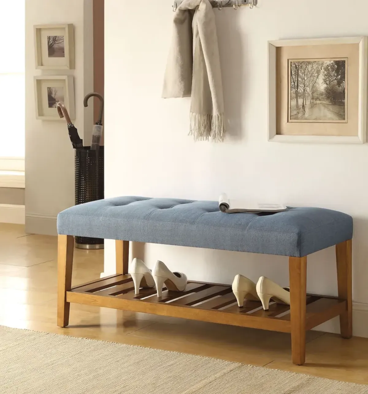 Fabric Bench in Blue and Oak Finish