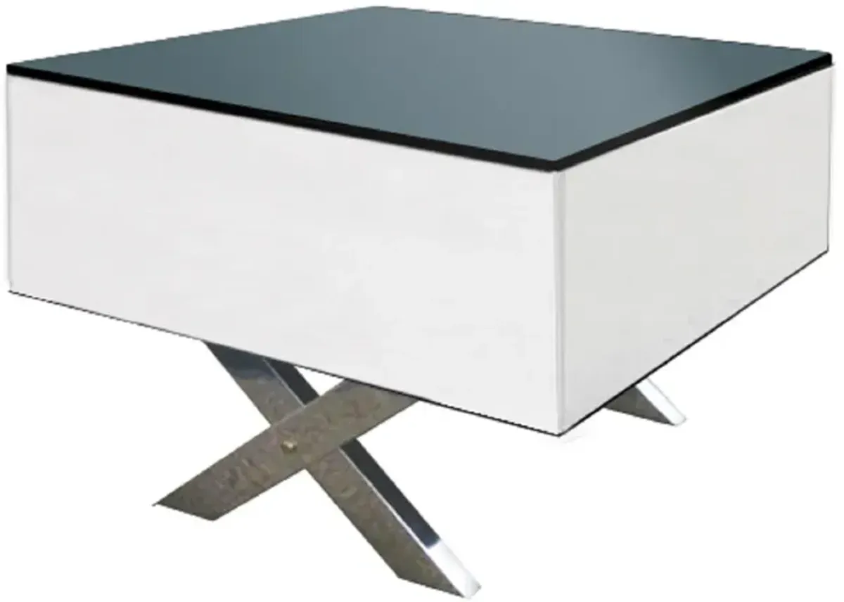 End table with black glass top, white mirror glass sides, and chrome legs, 23.5"x23.5"x20''H