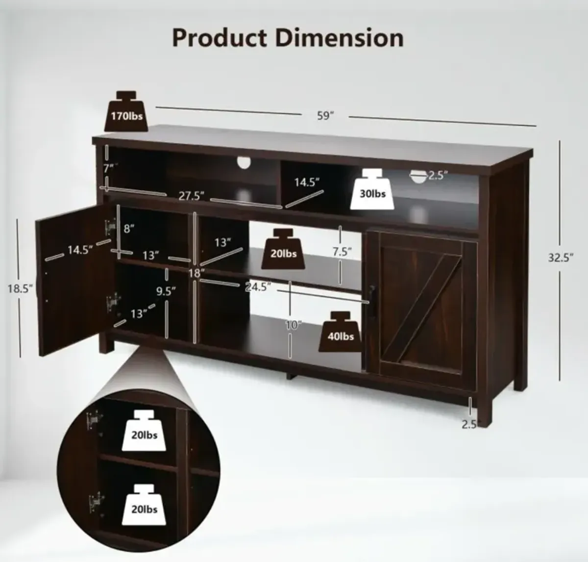 Hivvago 59 Inch TV Stand Media Center Console Cabinet with Barn Door for TV's 65 Inch