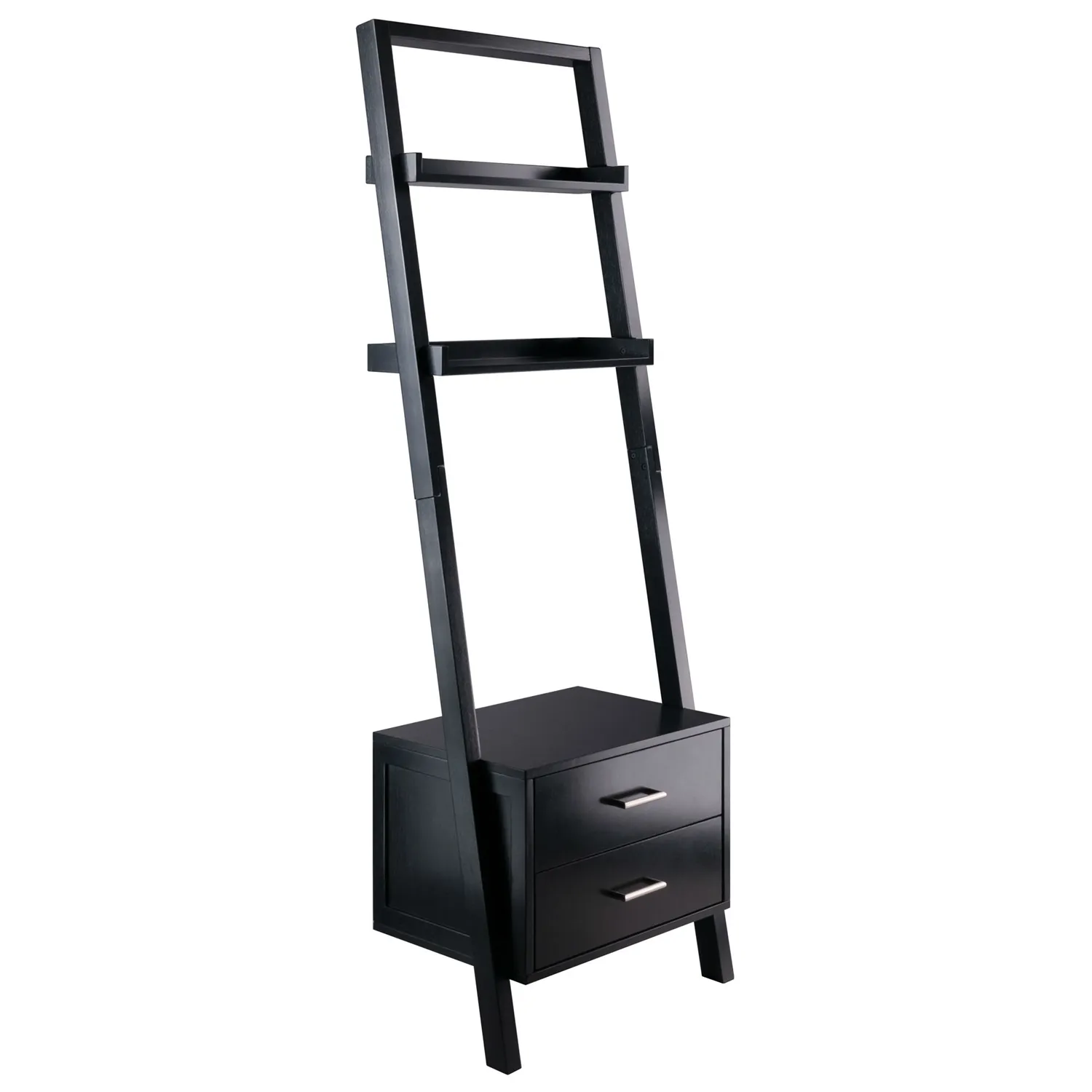 Hivvago Modern Black 2 Drawer Entryway Shelf Leaning Ladder Bookshelf Bookcase