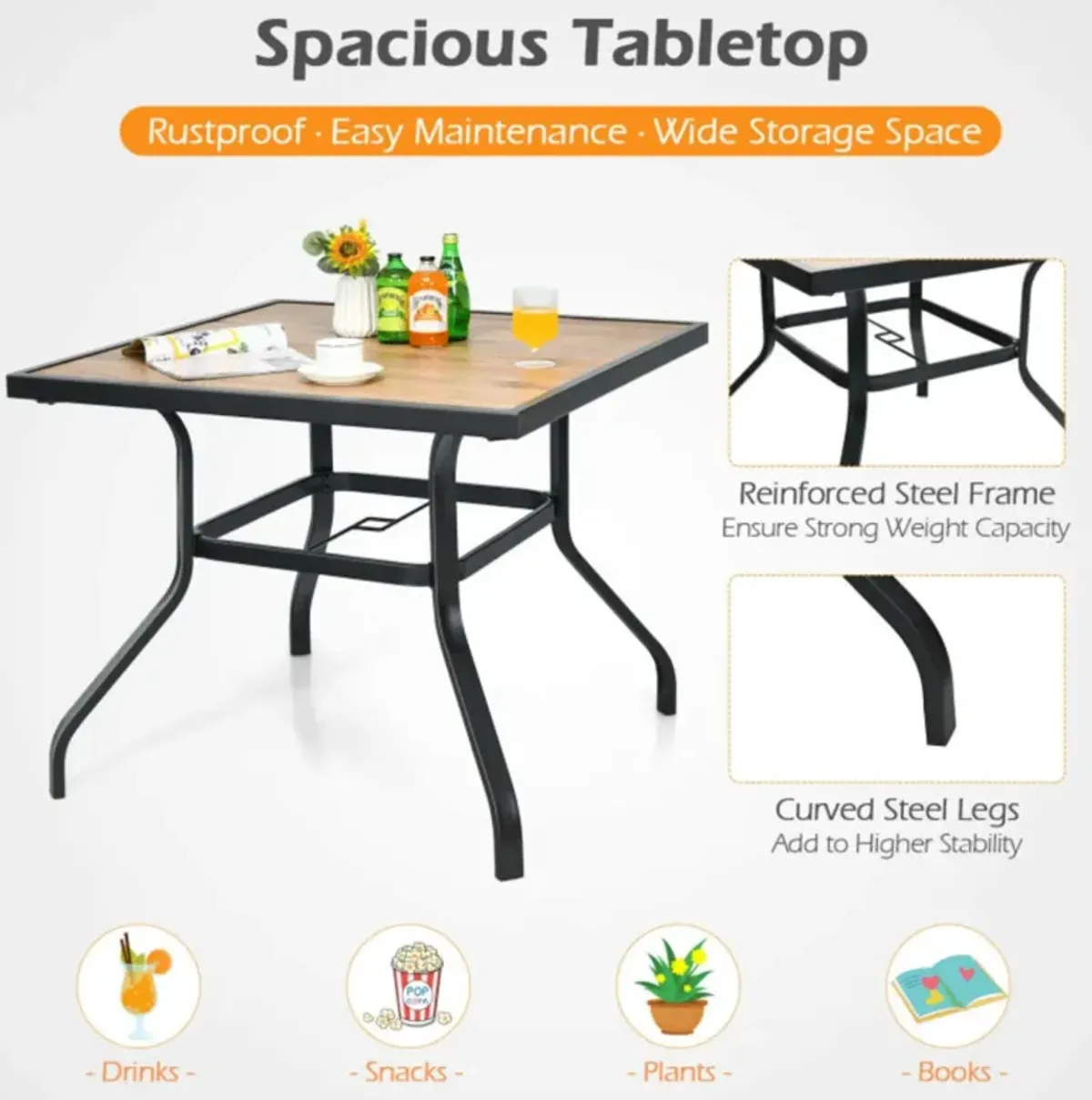 Hivvago Patio Metal Square Dining Table for Garden and Poolside