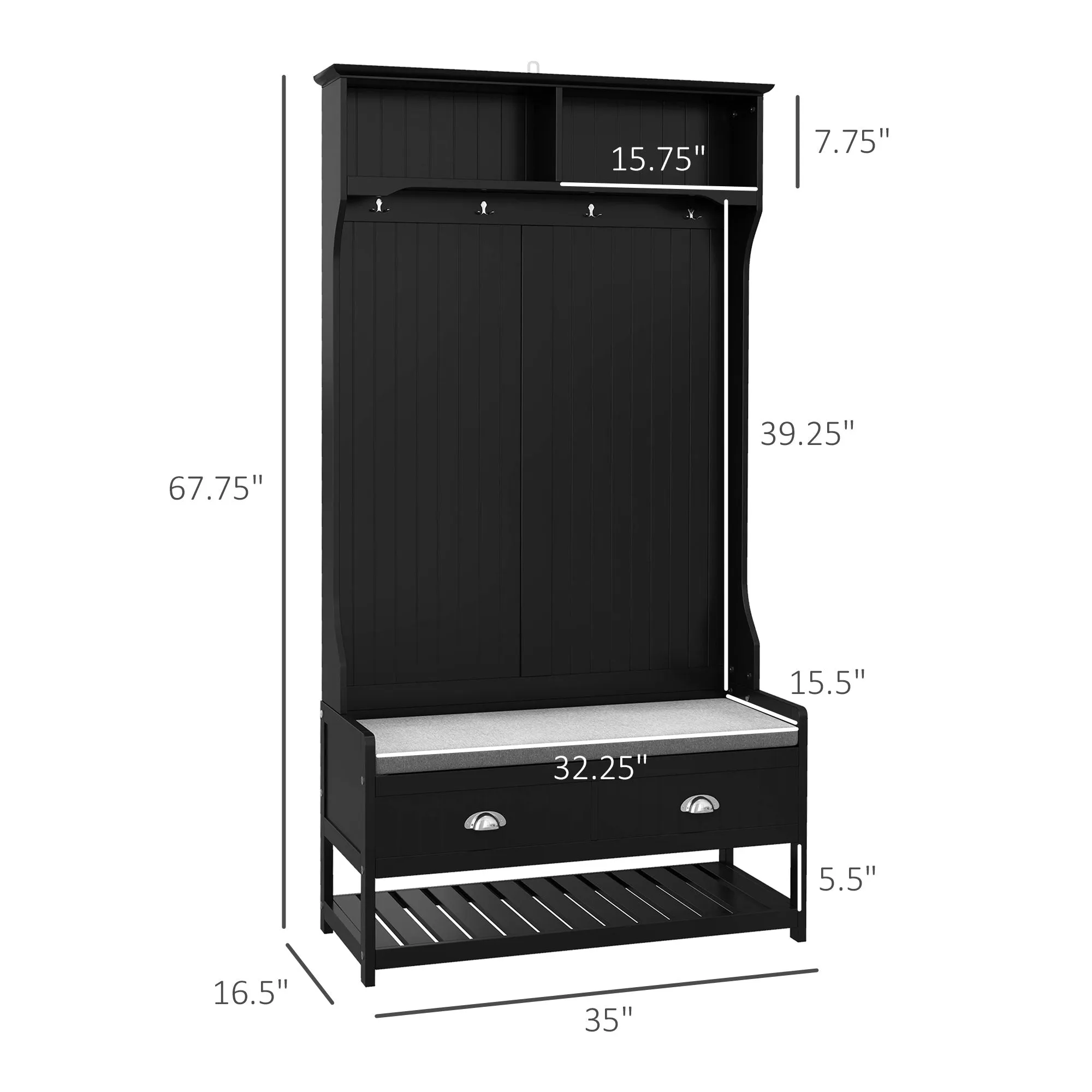 Black Hall Tree Organizer: Coat Rack, Bench, 4 Hooks, 2 Drawers