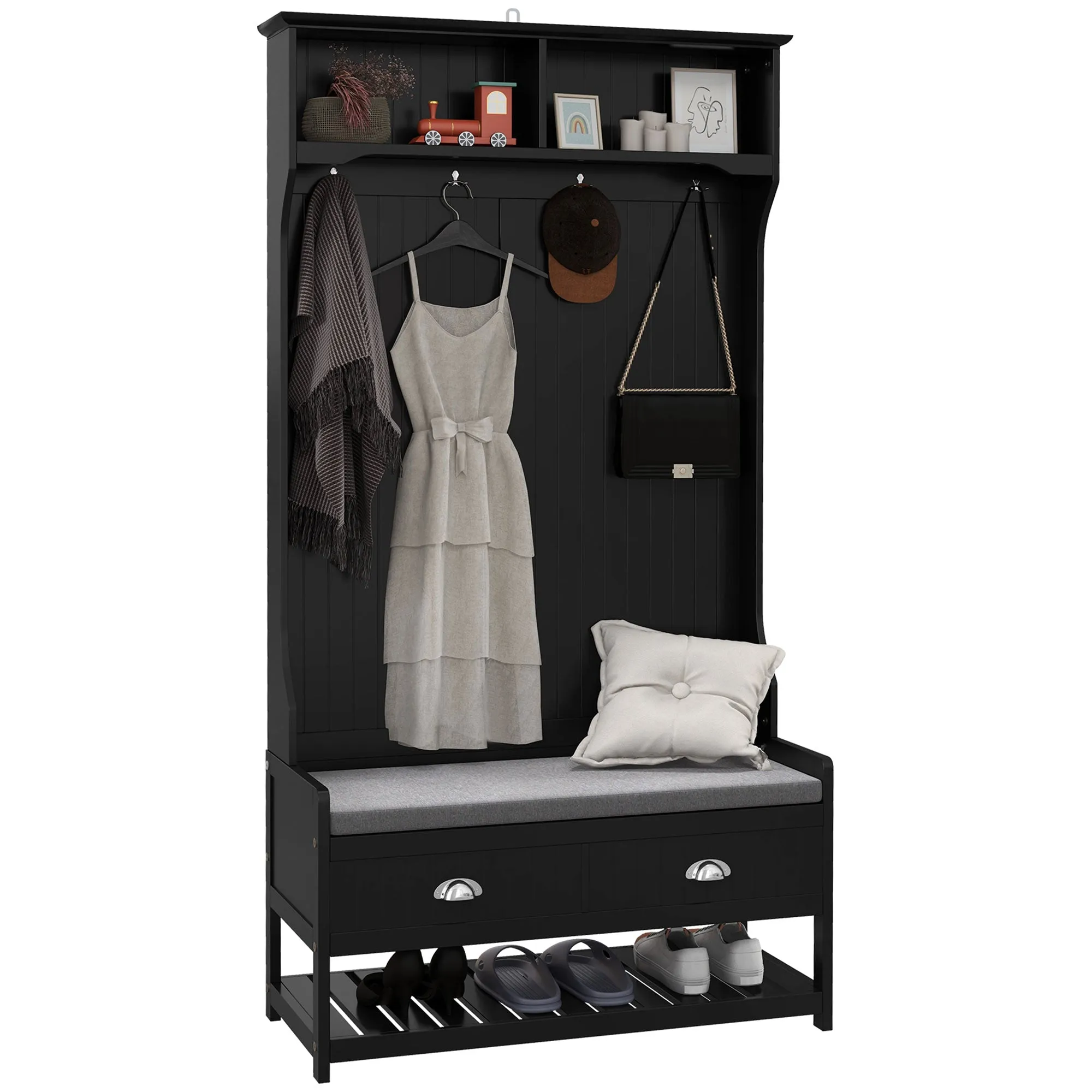 Black Hall Tree Organizer: Coat Rack, Bench, 4 Hooks, 2 Drawers