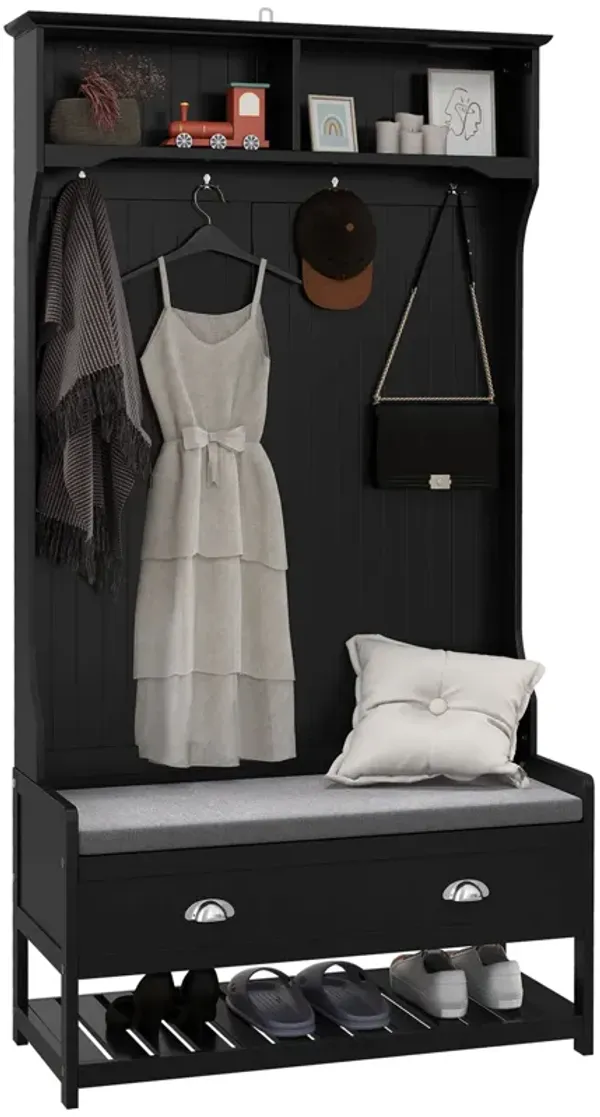 Black Hall Tree Organizer: Coat Rack, Bench, 4 Hooks, 2 Drawers