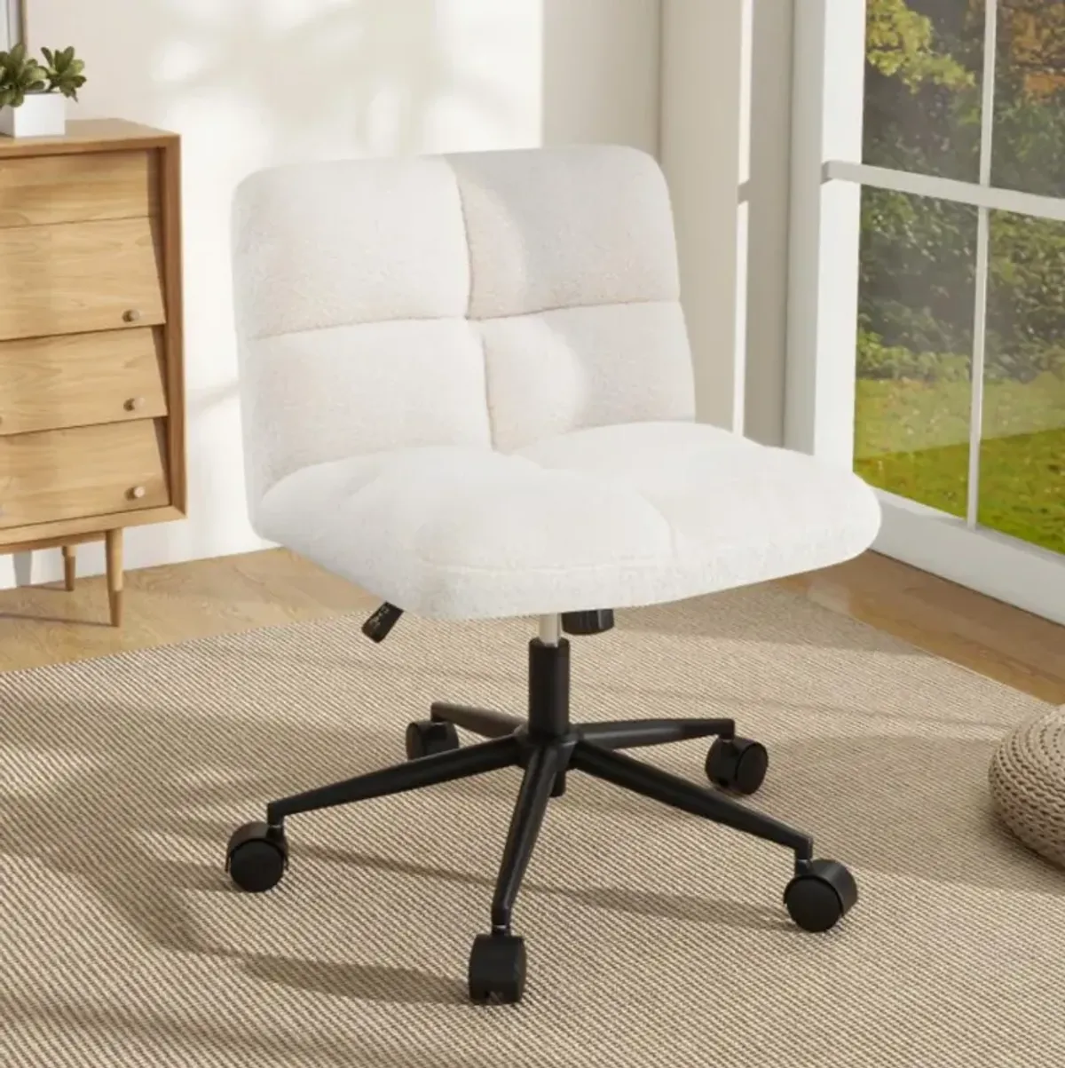 Cross Legged Chair with Wheels with Padded Seat Adjustable Height for Bedroom Study-Beige