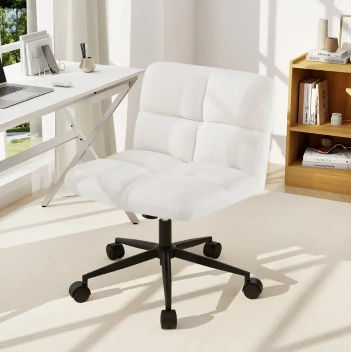 Cross Legged Chair with Wheels with Padded Seat Adjustable Height for Bedroom Study-Beige