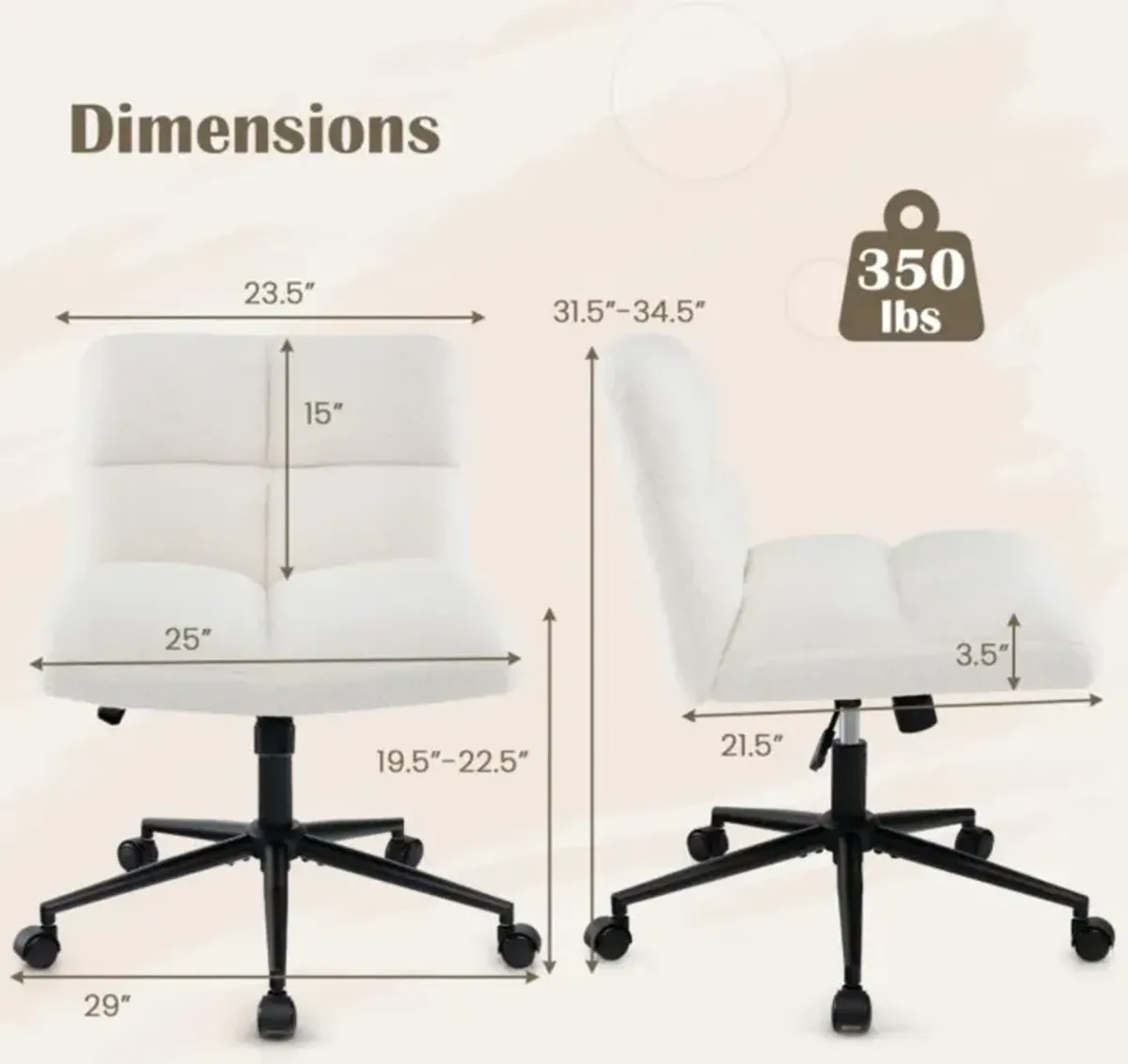 Cross Legged Chair with Wheels with Padded Seat Adjustable Height for Bedroom Study-Beige