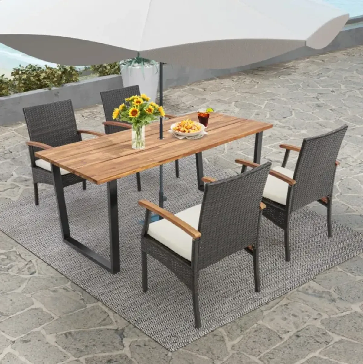 Hivvago 5 Pieces Patio Wicker Chair and Dining Table Set with Umbrella Hole