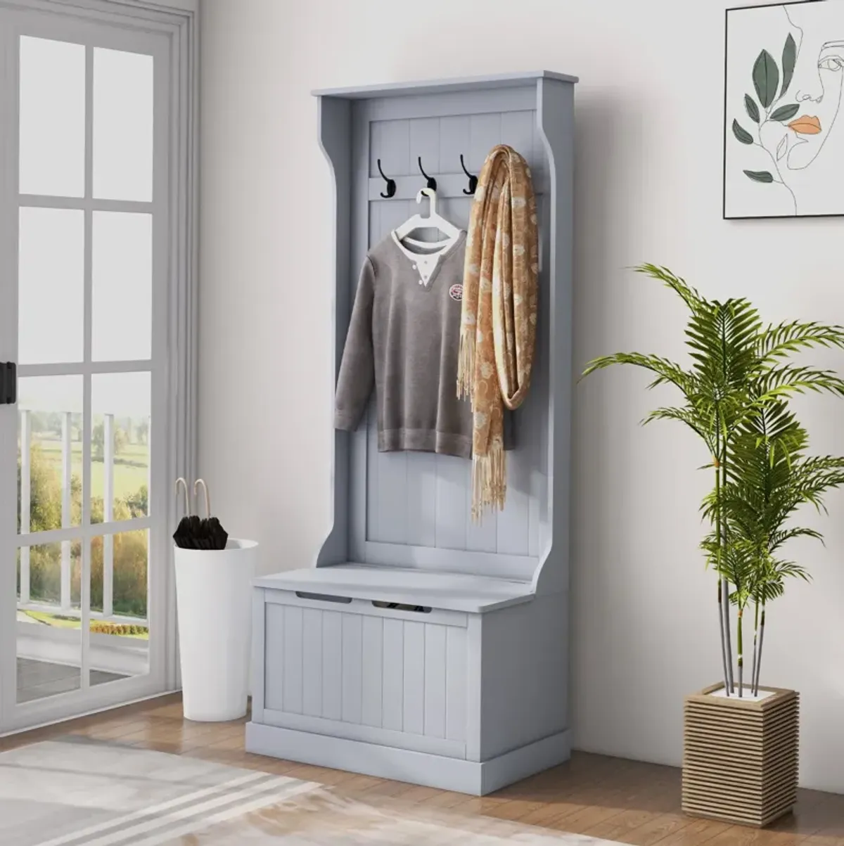 Gray Entryway Hall Tree: Coat Rack, Bench, Storage