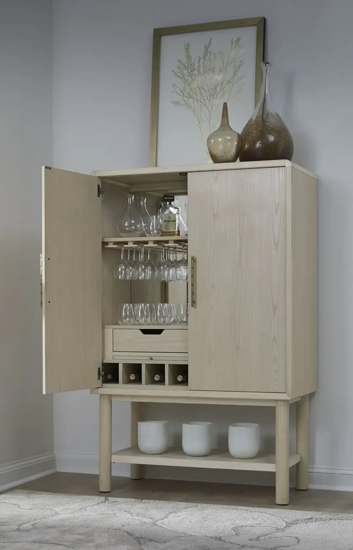 Zinnia Two Door Ash Wood Bar Cabinet in White Sand