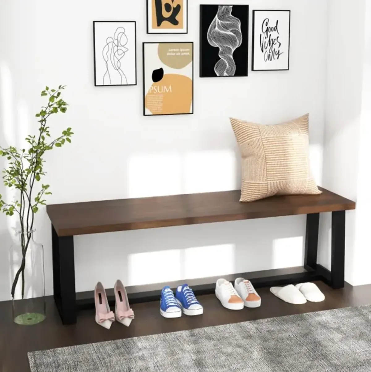 Hivvago Wood Dining Bench with Metal Frame and Adjustable Footpads-Coffee