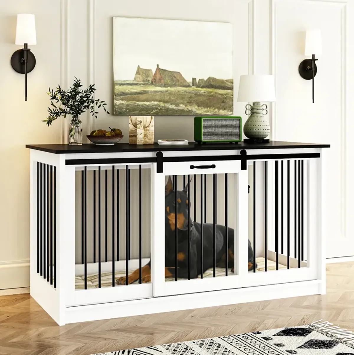 Large Wooden Dog House with Sliding door, Indoor Pet Dog Crate Cage for Large Medium Small Dogs, White