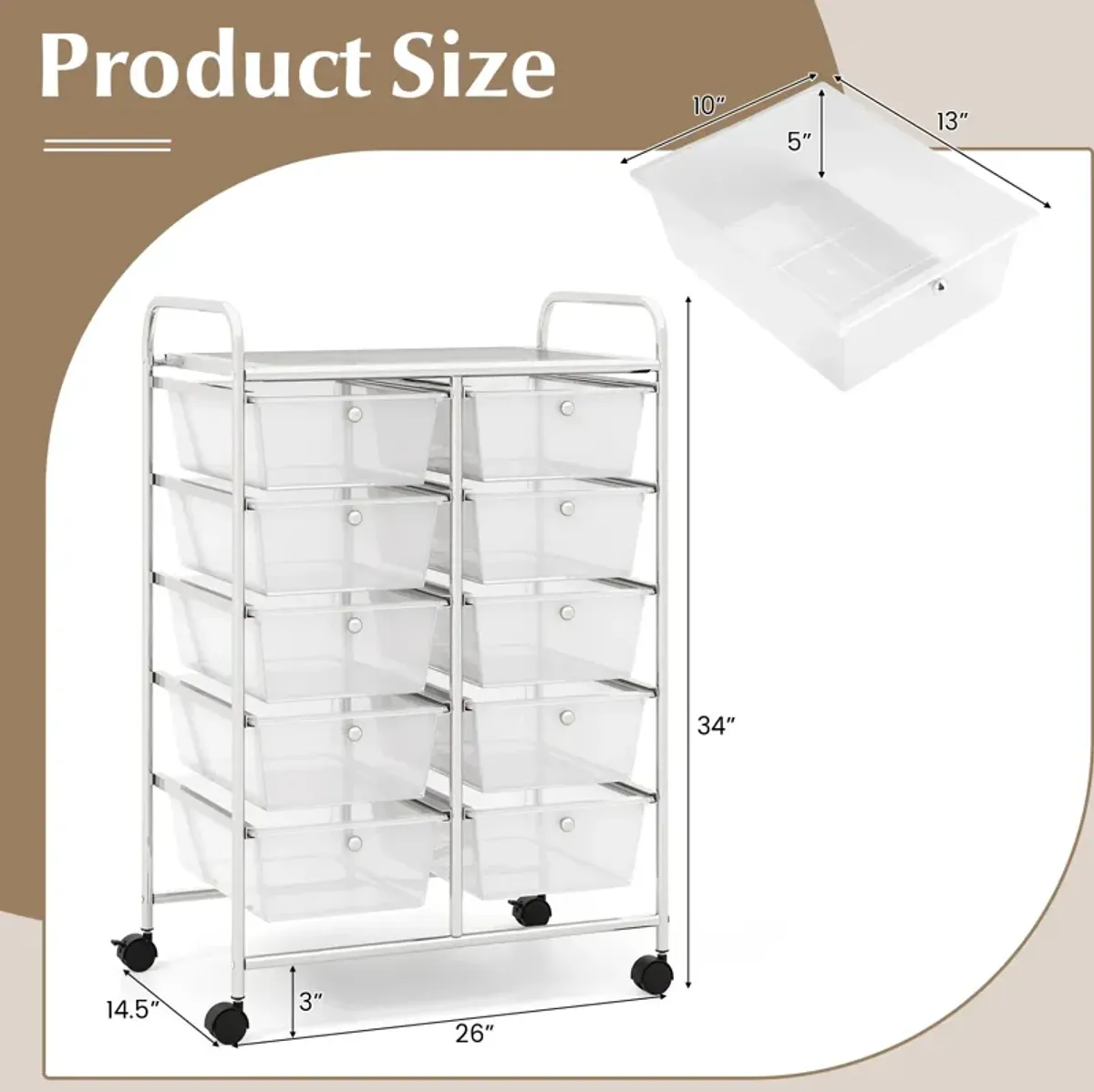 10-Drawer Rolling Storage Cart for Easy Organization and Mobility in Home, Office, or Garage