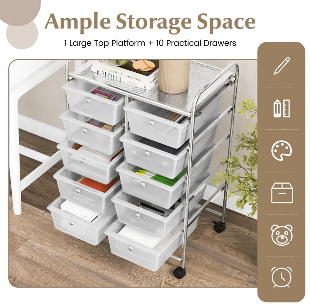 10-Drawer Rolling Storage Cart for Easy Organization and Mobility in Home, Office, or Garage
