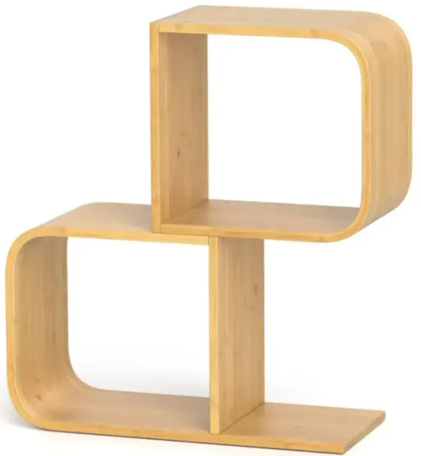 Hivvago 2-Tier S-Shaped Bamboo Bookcase with 2 Open Cubes for Living Room