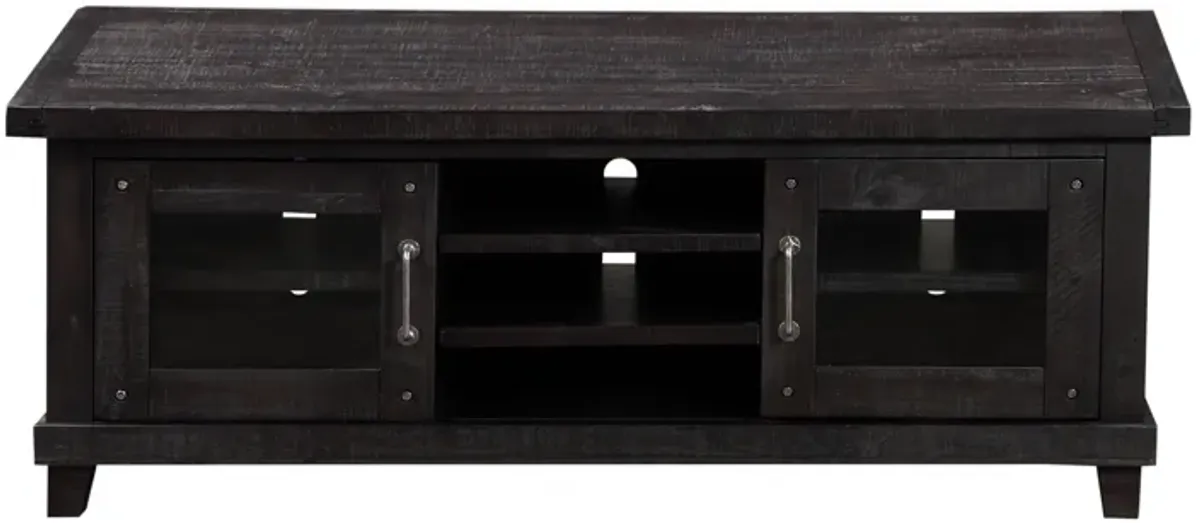 Three Open Shelves Entertainment Center with Exposed Bolts and Cross Bracing, Brown - Benzara