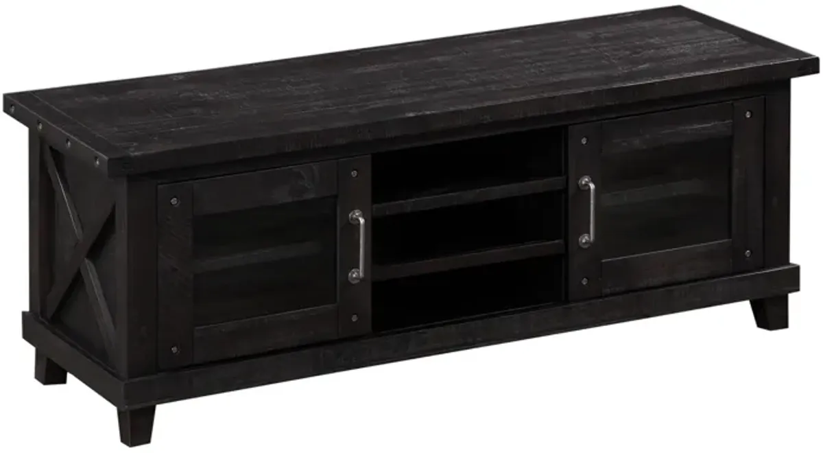 Three Open Shelves Entertainment Center with Exposed Bolts and Cross Bracing, Brown - Benzara