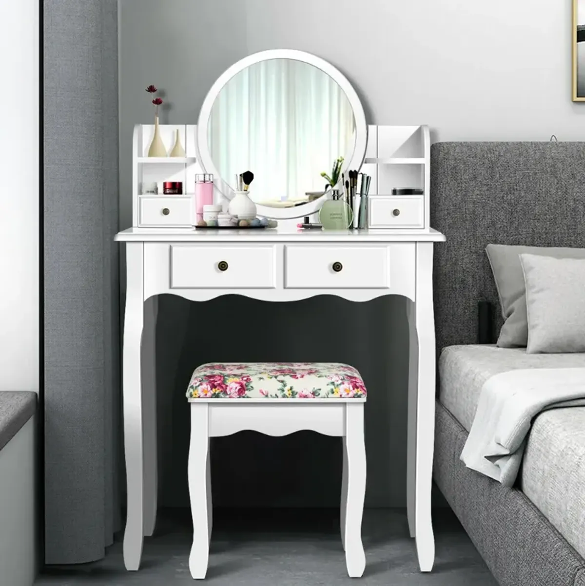 Makeup Vanity Table Set Girls Dressing Table with Drawers Oval Mirror