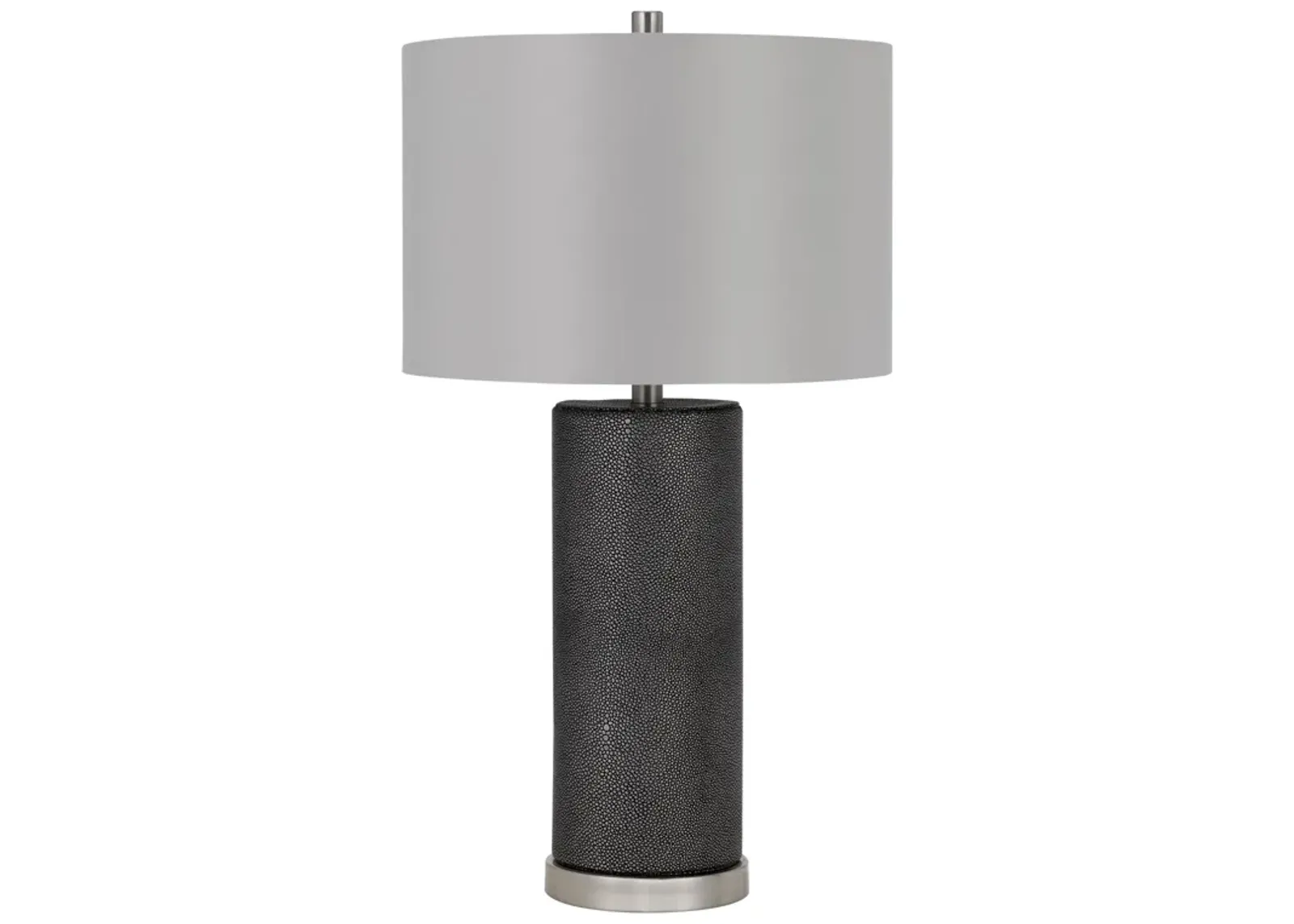 27 Inch Ceramic Table Lamp, Faux Leather Wrapped, Dimmer, Gray-Benzara